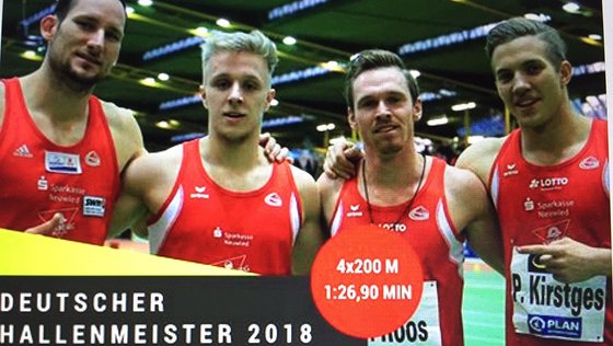 Im Februar 2018 gewann die 4 x 200-Meter-Staffel der LG Rhein-Wied in Westfalen den Titel in der Besetzung Kai Kazmirek, Pascal Kirstges, Daniel Roos, Darius Mann.
